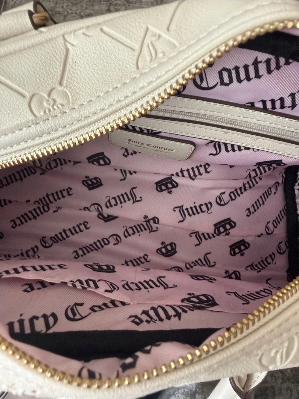 Juicy Couture Cream Dome Satchel with Heart Charm and Teddy Accent
